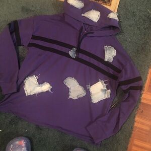 Purple Distressed Hoodie with Black Stripes